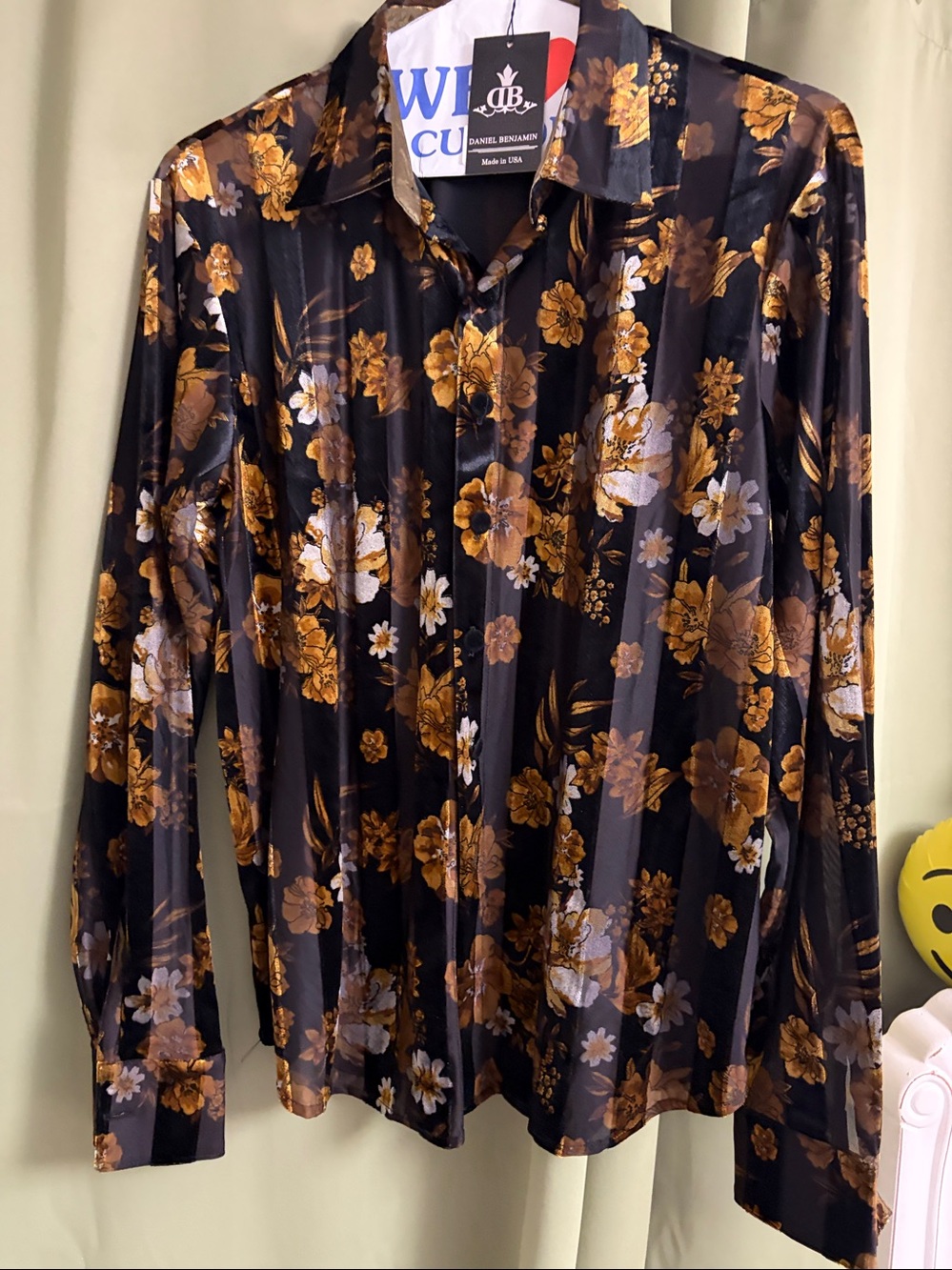 Daniel Benjamin Black Velvet Floral Shirt Jacket with Gold and Brown Blooms